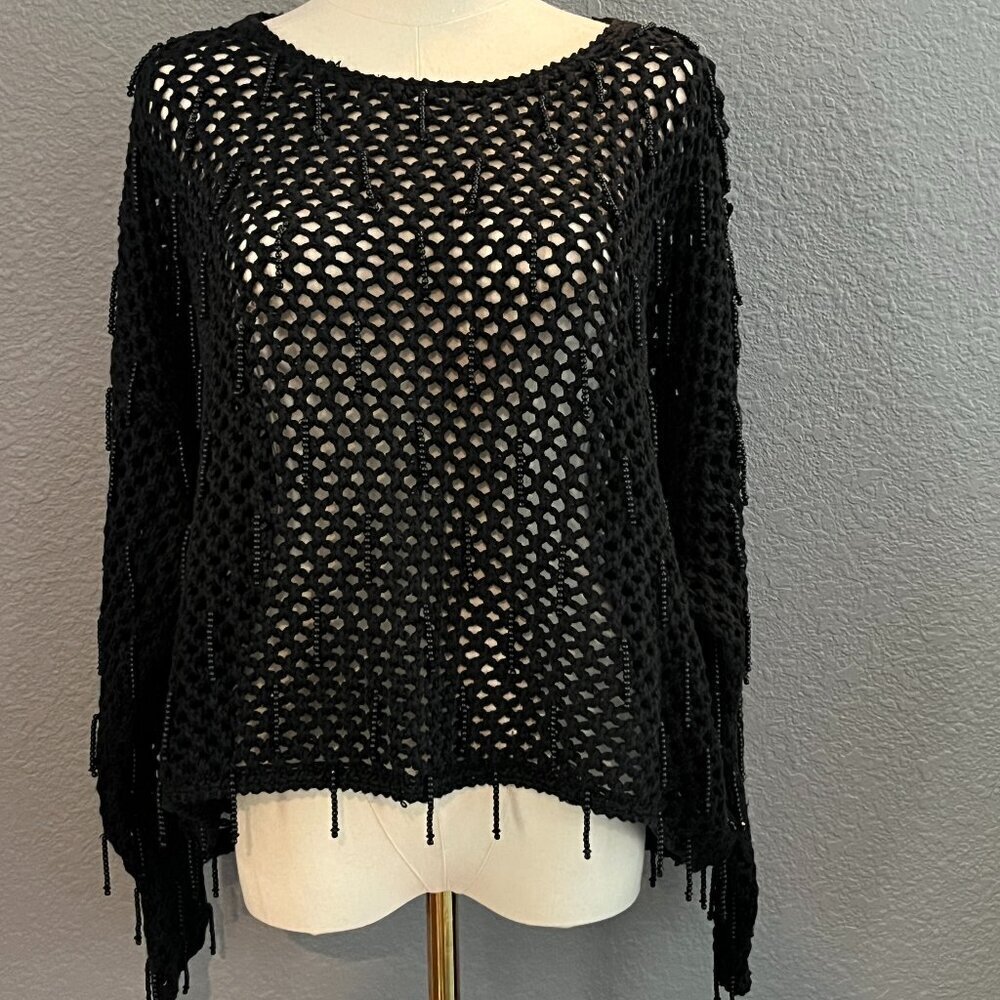Vintage RAMPAGE PARIS Black Open Knit Boxy Cropped Fringe Beaded Sweater -EUC- L